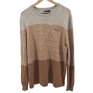 Commerce Mens Large Sweater Tan Brown Colorblock Crewneck Cotton Linen‎ Blend